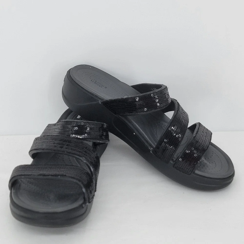 Crocs LiteRide Sequin Colorblock Wedge Sandals Womens 11 Black Strappy Slides